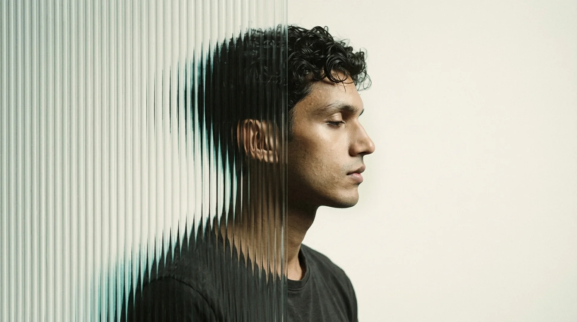 Zishaan Ahmed in profile, seen through reeded glass