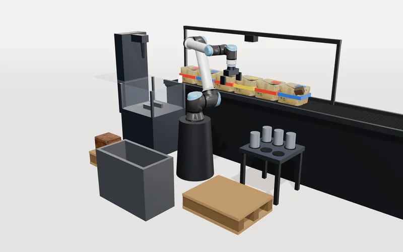 The whole demo cell: conveyor, pallets, CNC machine, parts table and reject bin around the arm