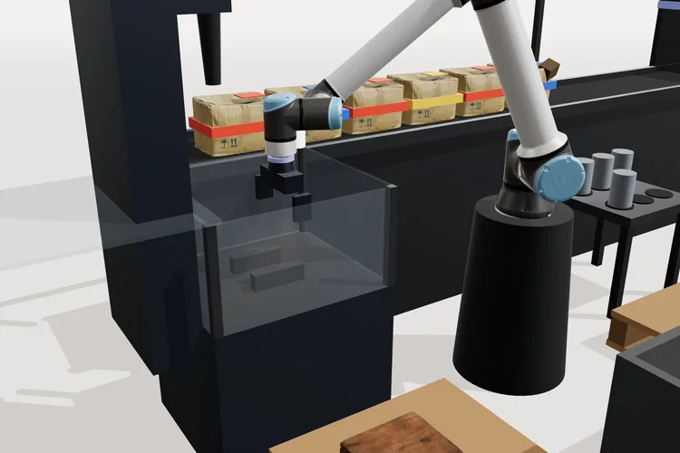 The arm loading a billet into the CNC machine