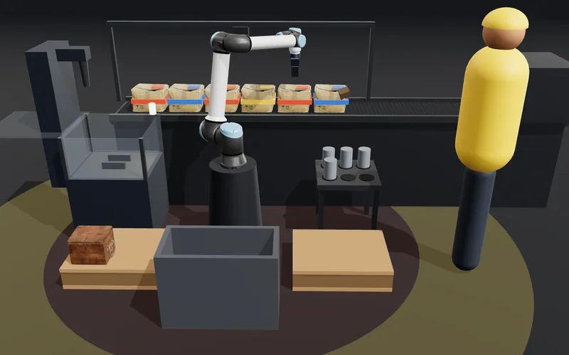 The twin with a person near the cell: the floor shows the slow-down and stop zones around the arm